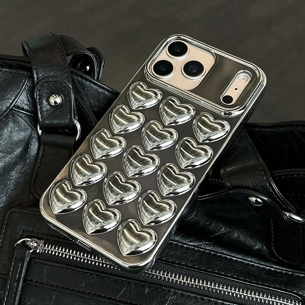 Silver 3D Heart Phone Case For iPhone 17 Air 16 15 14 13 12 11 Pro Max Electroplated Shockproof Soft Silicone Cover