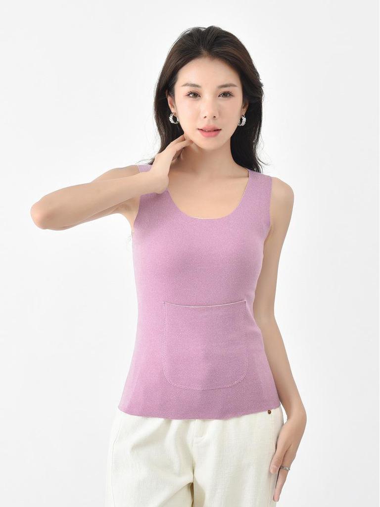 Damska kamizelka z aksamitu z podszewką z polaru i podwójnymi kieszeniami, przytulna warstwa na jesień/zimę