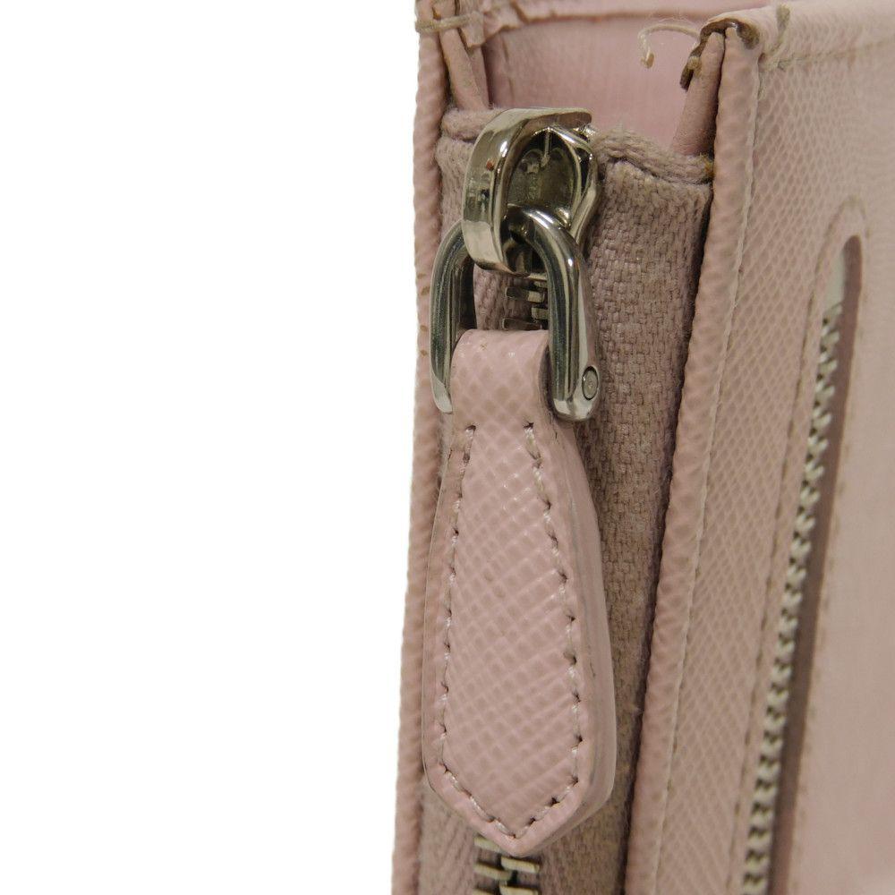 Used Saffiano Keychain 11569 1PP122 7943 L-shaped Zipper Key Ring with Card Case and RFID Triangle Logo, Pink, Women's