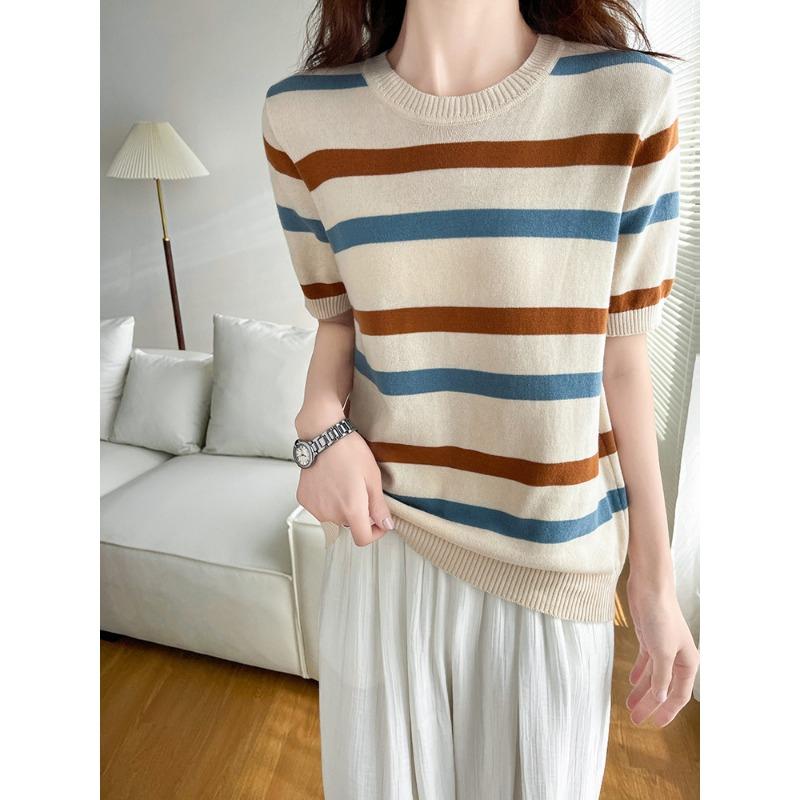 

Женская трикотажная футболка с коротким рукавом в полоску из чистого хлопка для лета, новая, контрастных цветов, модный нишевый дизайн, базовая футболка XXL