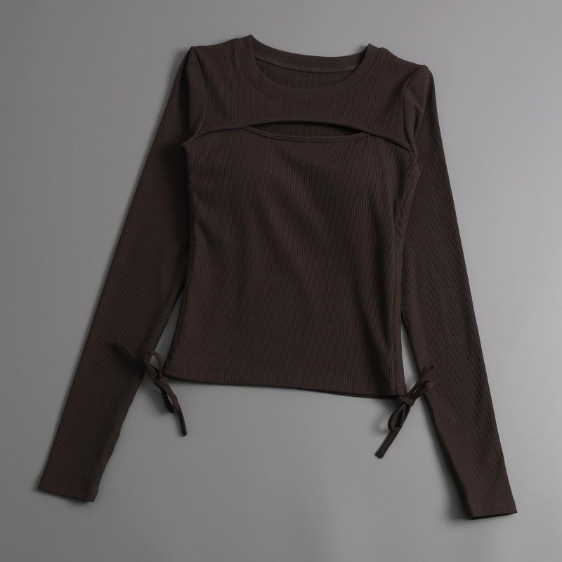 Womens Long Sleeve Yoga Top Sexy Cutout Drawstring Tight Fitness Training Sportswear