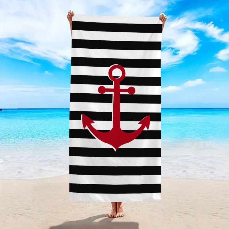 Ultra Soft Microfiber Beach Towel With Striped Anchor Design Quick Dry Absorbent Bath Pool Travel Gym Yoga Outdoor Use 150x75 single-sided print