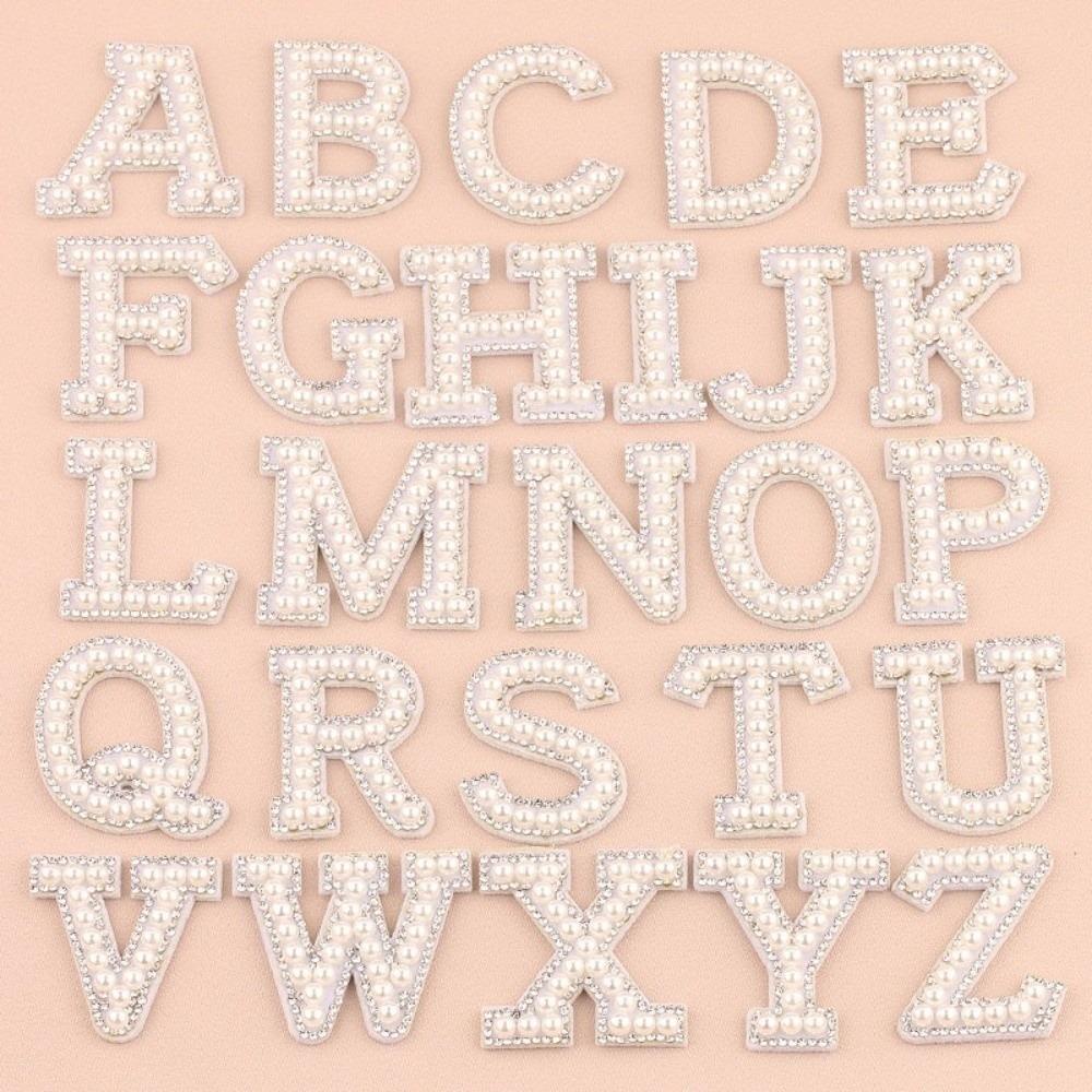 Non-woven Letter Patches Resin Rhinestone Accents Alphabet Appliques Pearl Embellished Adhesive Backing Tape Bag Decoration
