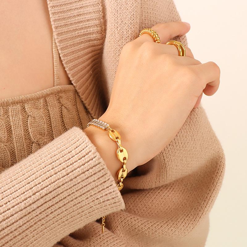 Geometric Zircon Pig Nose Spliced Bracelet & Necklace Set - European/American Nude Chain, Non-Fading P196-E009