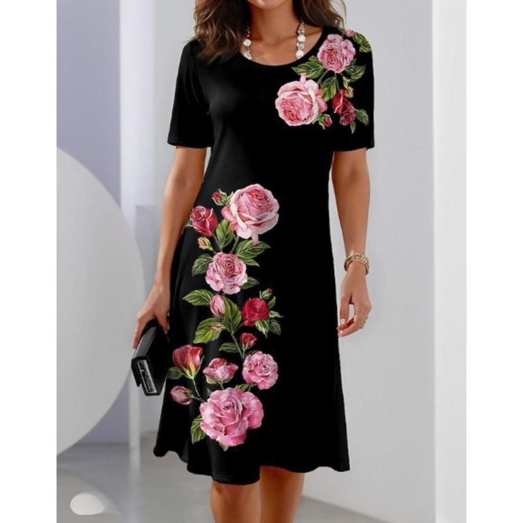 Sukienka z okrągłym dekoltem, nadrukiem w kwiaty, dopasowana do talii, elegancka sukienka dla kobiet, z krótkim rękawem, luźna sukienka na co dzień