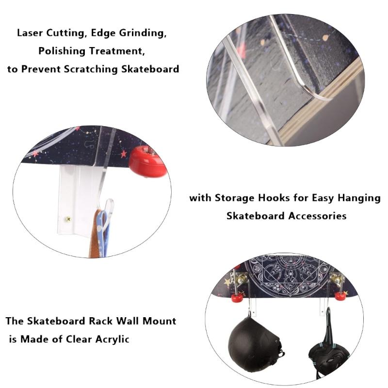 Sturdy Acrylics Skateboard Holder Wall Mounted Shelf with Accessory Hooks Portable for Home Organization Daily Use
