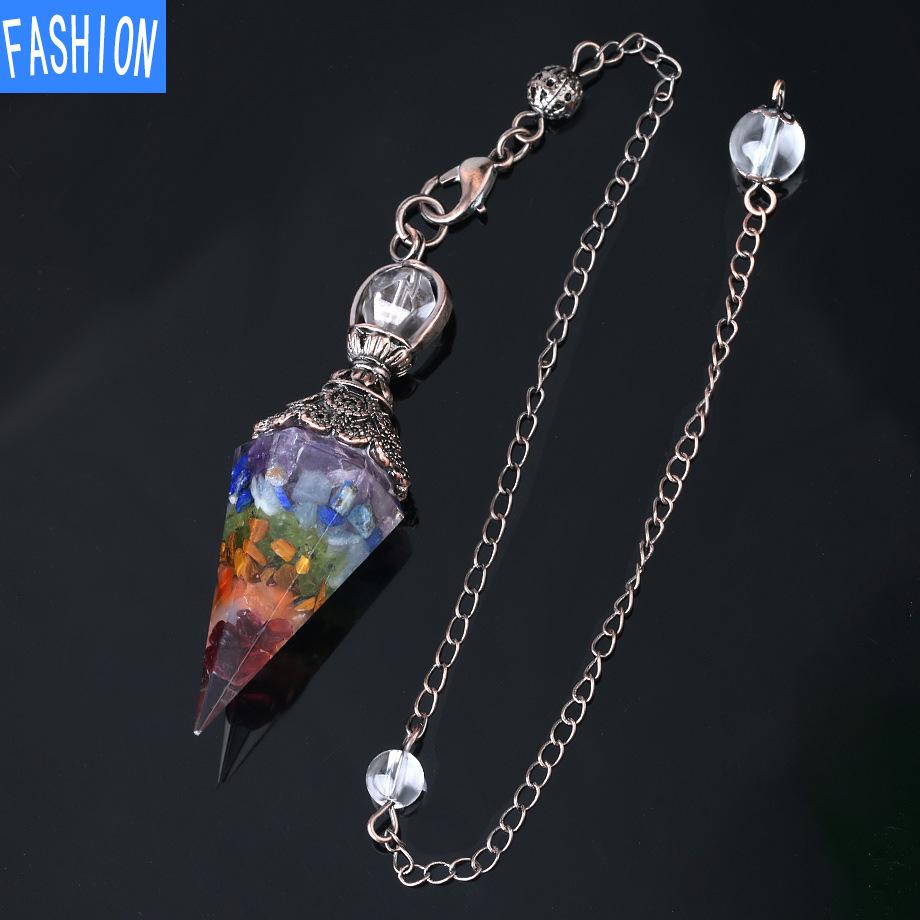 Colorful Crystal Pendulum Bronze Fashion Natural Gravel Resin Spring Hexagonal Cone Pendant