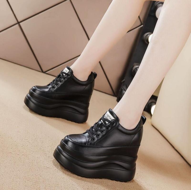Dames 13cm Echt Leer Platform Sleehak Schoenen Chunky Sneakers Casual Comfortabele Platte Schoenen Voor Lente Herfst 39 gray