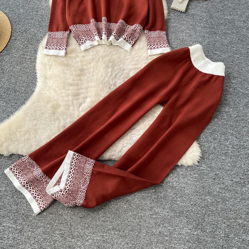 Autumn Winter Women Vintage Jacquard Knitted Sweater Trouser Two Piece Set Full Sleeve Pullover Tops and Wide Leg Pant Tracksuit