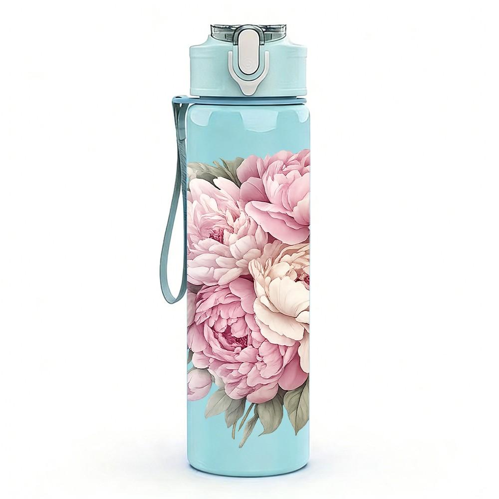 1PC Light Pink Peony Flower Print 750ml Color Plastic Sports Water Bottle Leakproof Flip Straw Lid Suitable for Sports Office Home Use