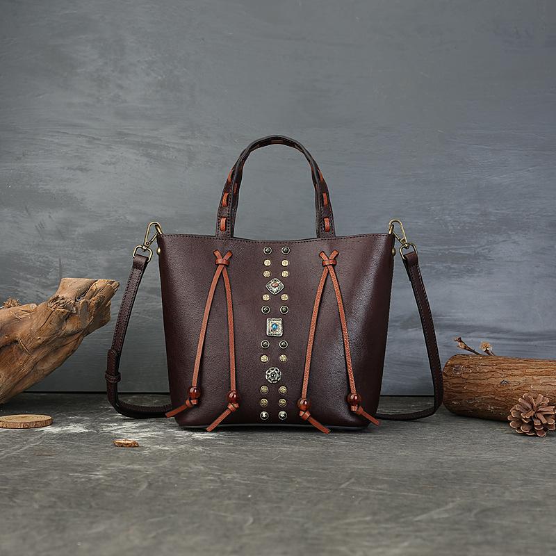 

Johnature Cowhide Woven Handbag Genuine Leather Women s Bag Retro Rivet Large Capacity Shoulder Bags кофейный