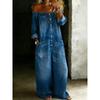 Damen schulterfrei Langarm Denim Jumpsuit lockere Passform mittlere Taille lässiger Body