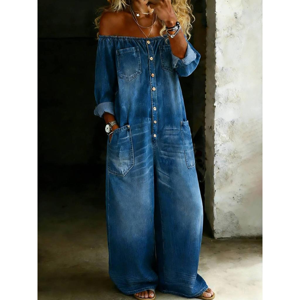 Damen schulterfrei Langarm Denim Jumpsuit lockere Passform mittlere Taille lässiger Body