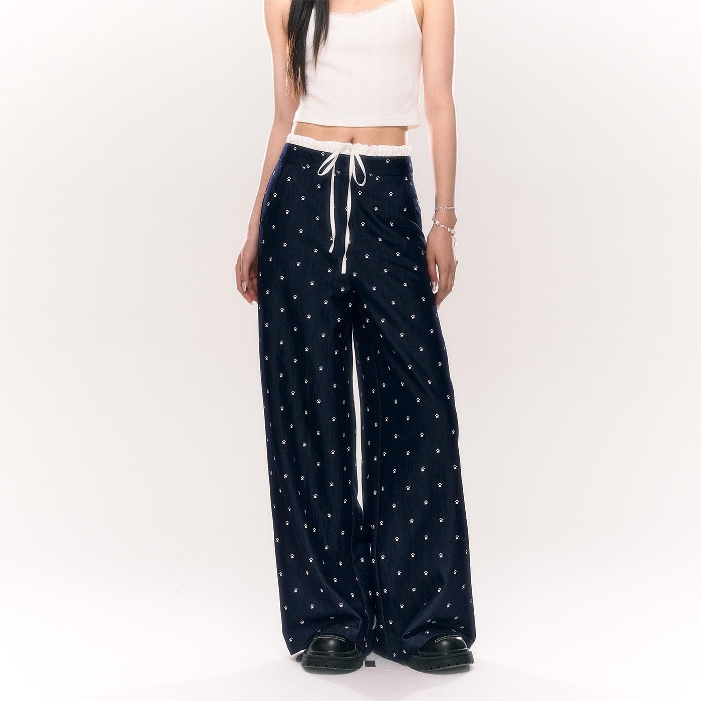 

Umoumo Loose Straight Wide-Leg Pants with Dog Paw Print and Double Waistband Medium темно-синий