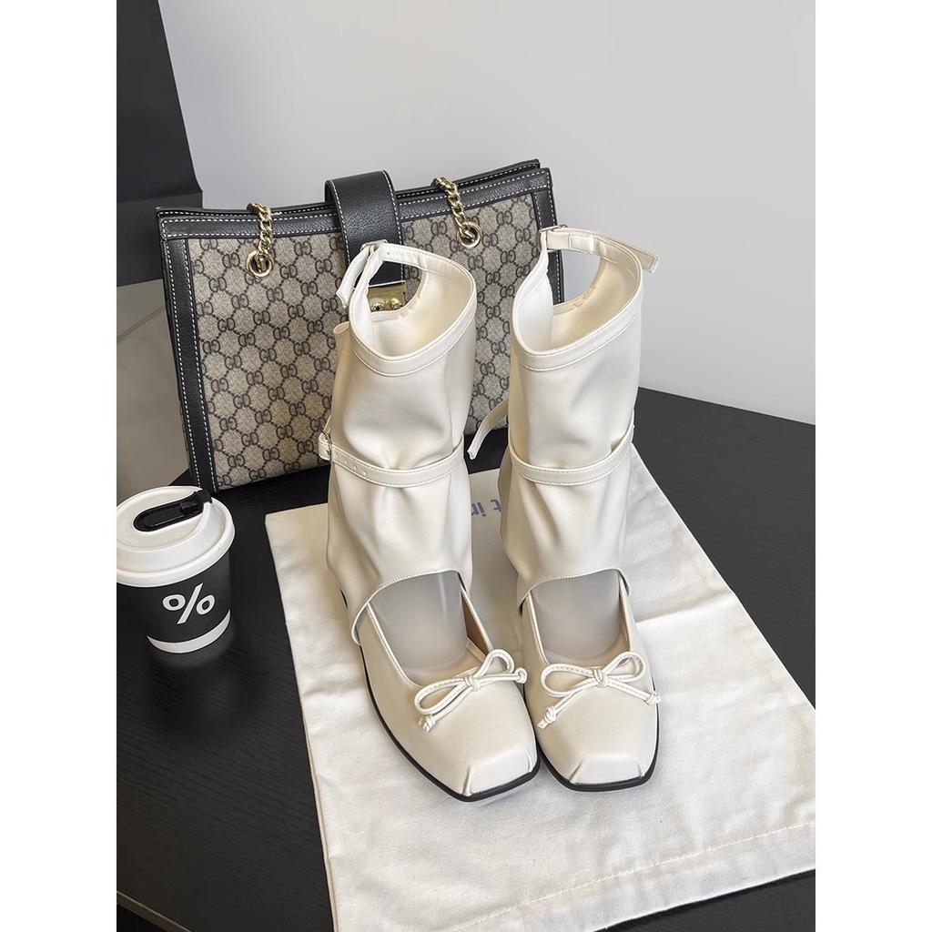 Ballet Style Square Head Cool Boots Women's Thick Heel Thick Bottom Hollow Bow Niche Design Fashionable Short Boots