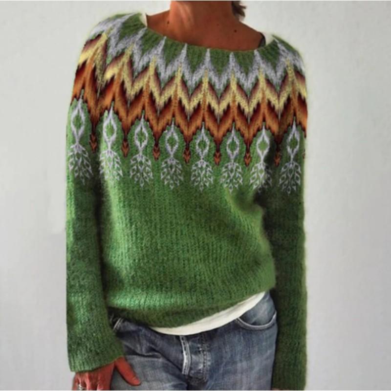 Women's Loose Pullover Knit Sweater Long Sleeve Round Neck Color Blocking Sweater