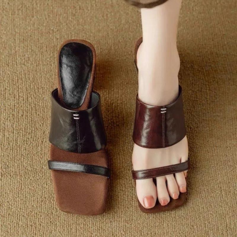 Fashion Elegant Women's High Heels Slippers Retro Heeled Shoes Summer Fashion Sandals Pumps 2025 New Square Toe Chunky Chaussures Femme