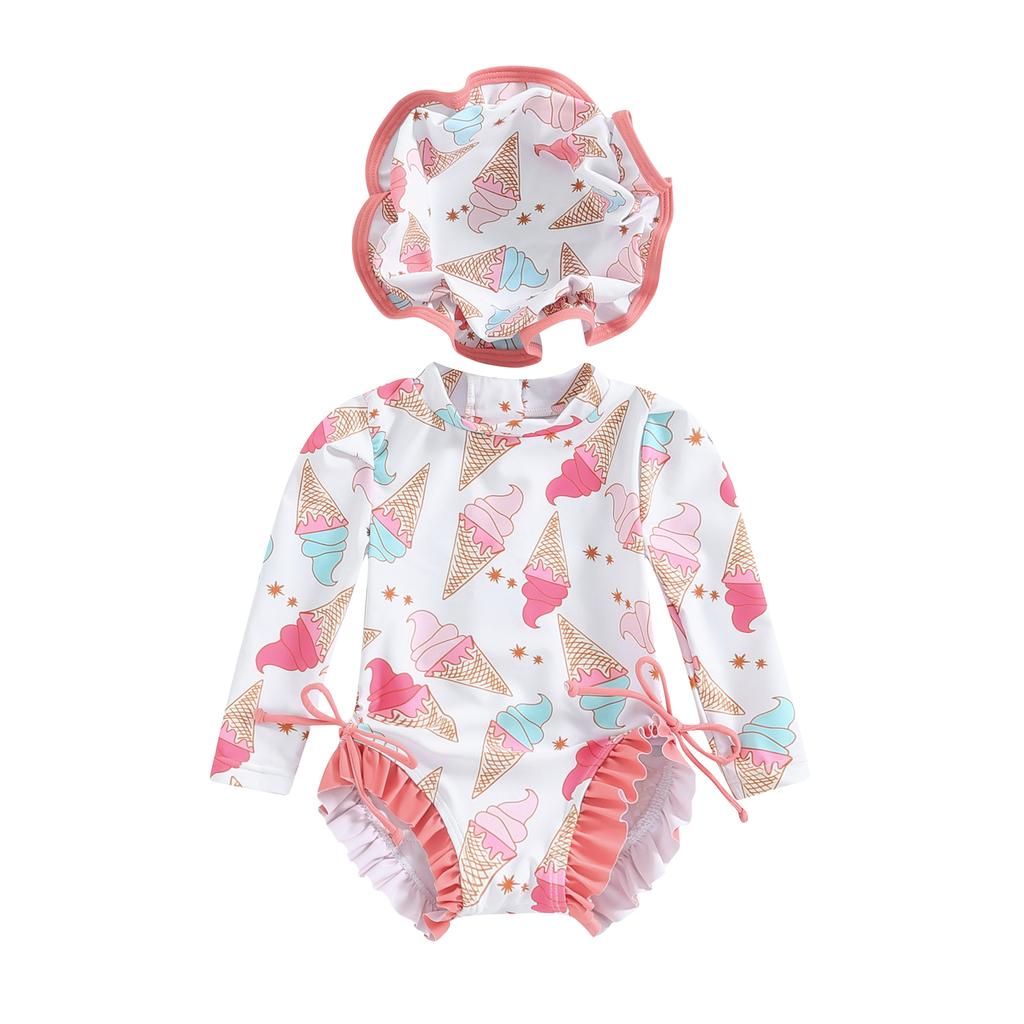 Baby Girl Rash Guard Swimsuit Long Sleeve Floral/Ice Cream Print Bathing Suit Infant Swimwear with Sun Hat