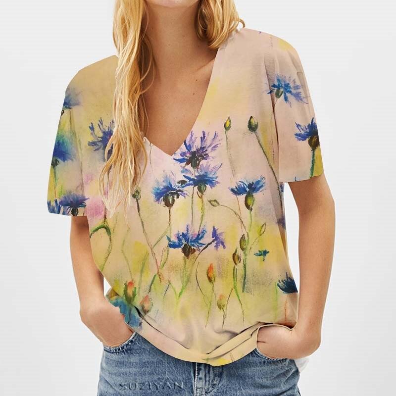 Módní jarní halenky s květinovým potiskem, trička s krátkým rukávem a výstřihem do V, ležérní