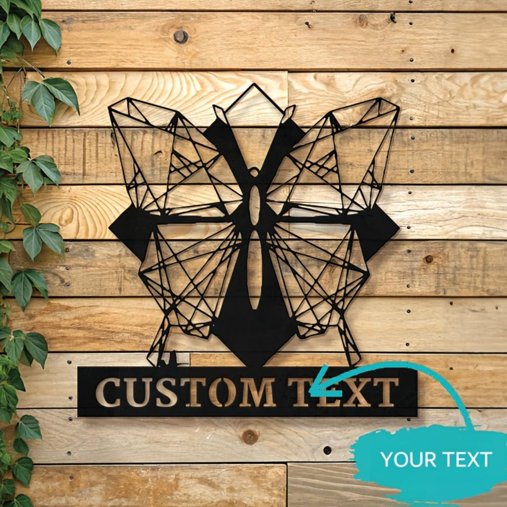 Modern Handcrafted Geometric Butterfly Metal Sign, Exquisitely Personalized Custom Text Durable Indoor Outdoor Wall Decor