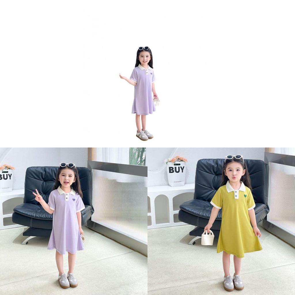 Girl Polo Dress Summer Girls Casual Pure Color Polyester Breathable
