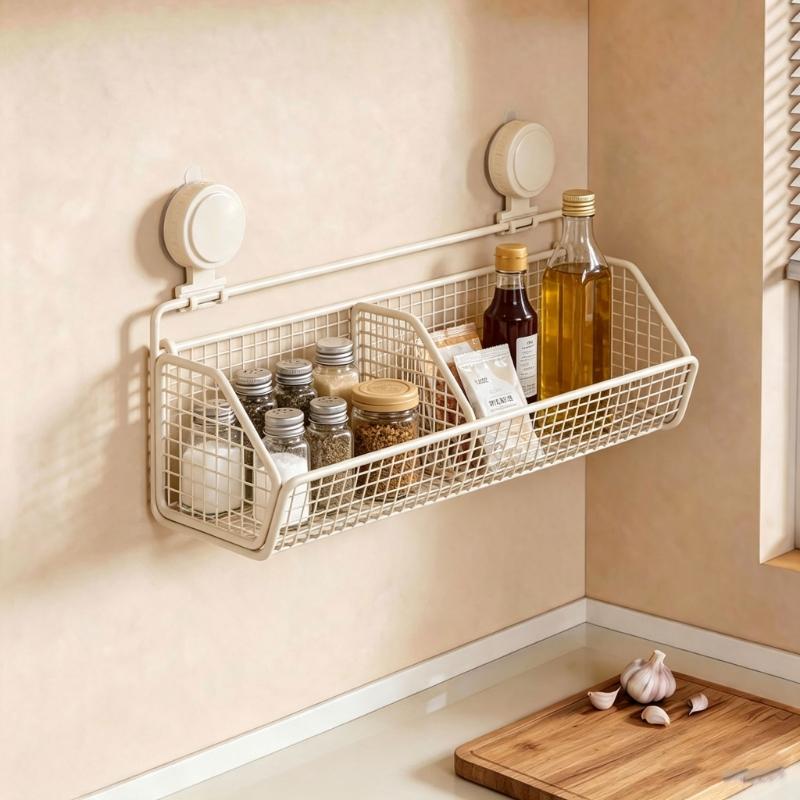 Suction Cup Wall Storage Basket with Iron Wire Frame for Kitchen Bathroom Countertop and Sink Side Storage Use