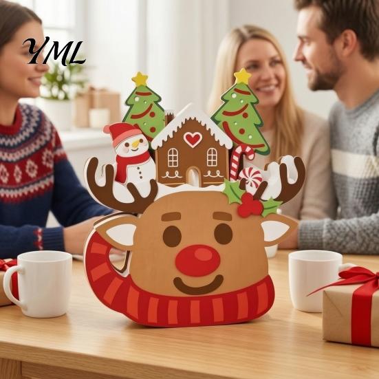 Christmas Party Supplies Wooden Cart Tabletop Decorations, Xmas Figurine Ornament with Snowman Winter Theme Decorations Elk Penguin, Festive