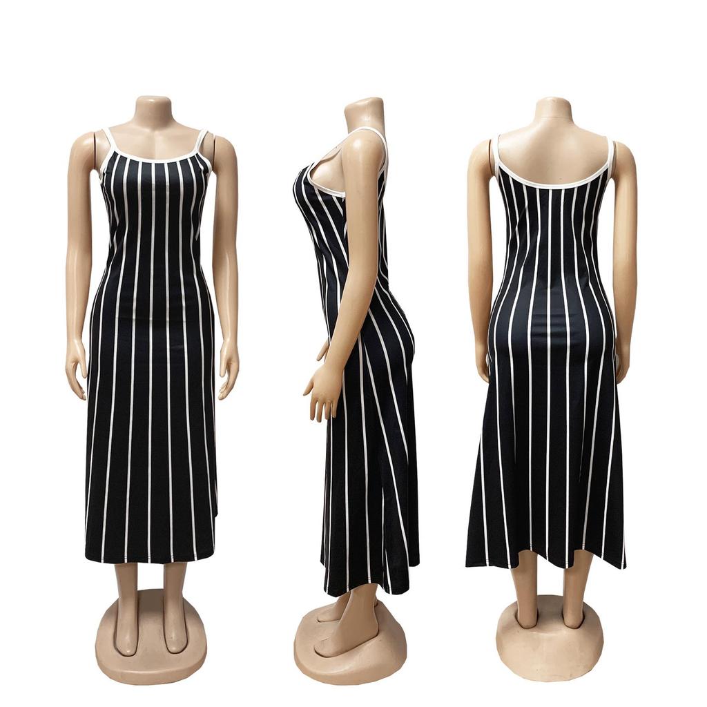Retro Stripe Patchwork Backless Slip Dress - Color Block Sleeveless Long Slim Fit