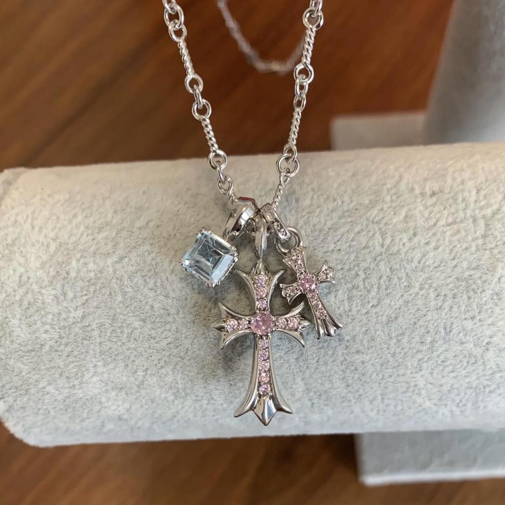 Gold-Plated S925 Sterling Silver Double Cross Necklace with Blue Diamond Accent - Unisex Hip Hop Pendant