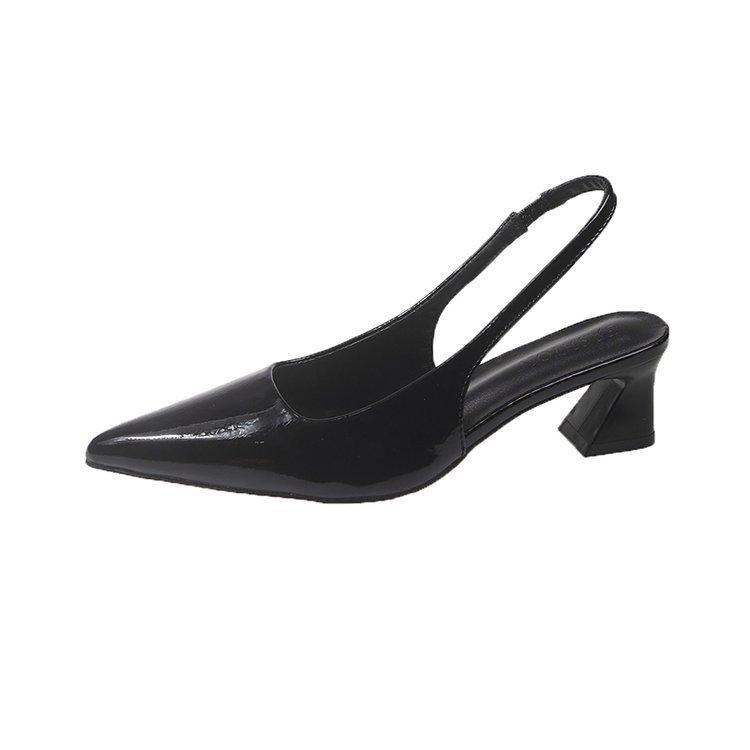

2025 summer patent leather pointed head bag head sandals women s thick heel sexy high heels temperament empty commuting French single shoes 35