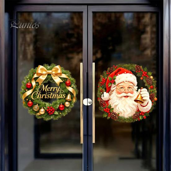 Christmas Party Supplies Wreath Window Stickers, Retro Santa Claus PVC Decals, Waterproof Decorative Festival Atmosphere Decor Static Clings