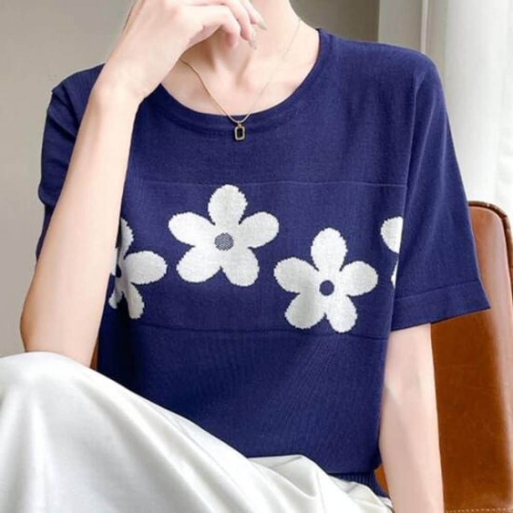 Navava Women Flower Point Short Sleeve Knit Tee Nk3037