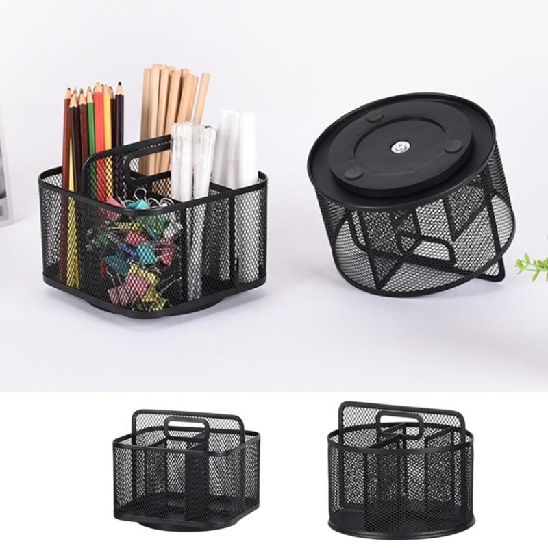 360 Degree Rotating Desk Organiser Metal Pen Stand Storage Case with Anti Skid Base for Cosmetic Supplies Writing Tool