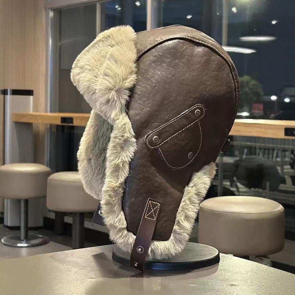 Hat women's fashion leather Lei Feng hat winter cotton cold warm Internet celebrity street plush ear hat men