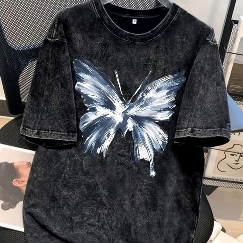 Vintage Washed Butterfly Graphic TShirt Abstract Art Print Oversized Unisex Streetwear Tee Casual Tops for Men Women S