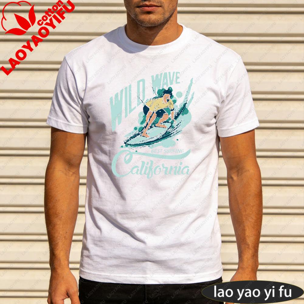 Wild Wave Best Surfing California Graphic T Shirt Unisex Cotton Short Sleeve Retro Arc Font Surfer Meme Casual Daily Outfit
