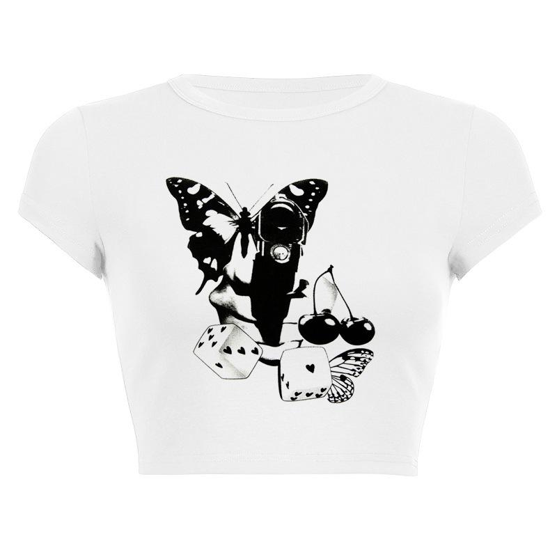 European, American English slogans Printed sexy exposed navel short T-shirt fashionable round neck slim slim top women's multi-picture