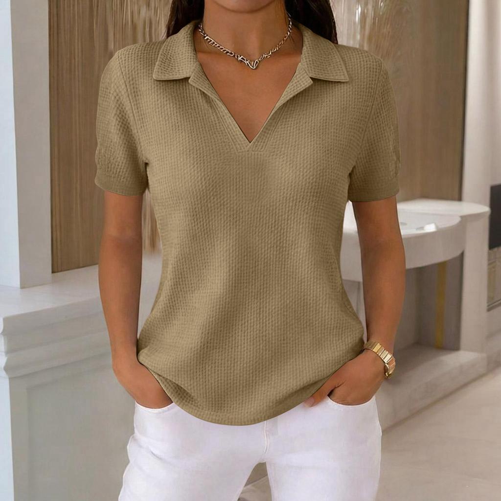 Women's Fashion -Color T-Shirt — Retro Lapel, -Knit, Short-Sleeve Top for Daily Commuting (Spring/Summer)