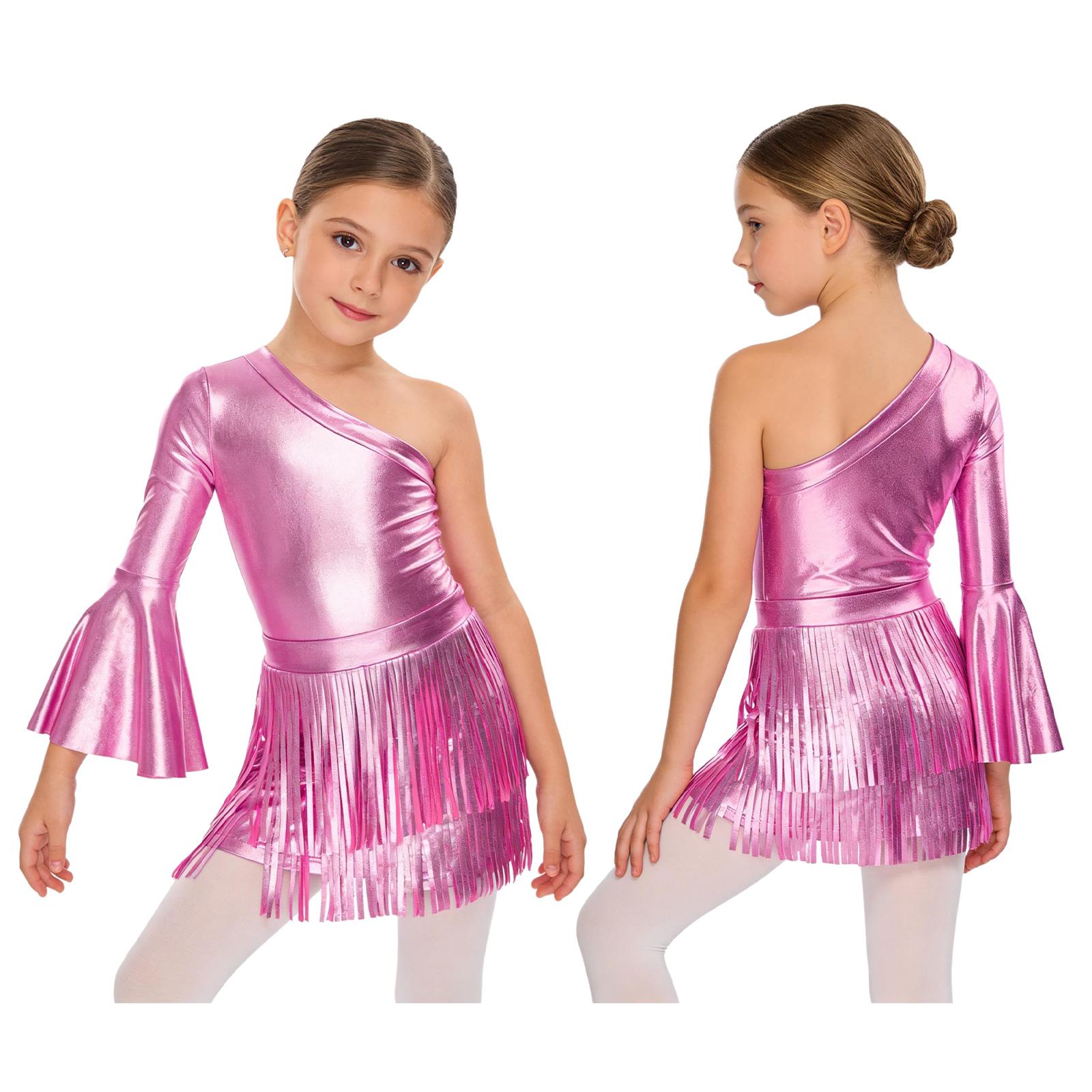 

Костюм ковбойки для девочек, 2 предмета: Металлический комбинезон с юбкой с бахромой и асимметричным плечом для вечеринки на Хэллоуин 5-6 Years розовый