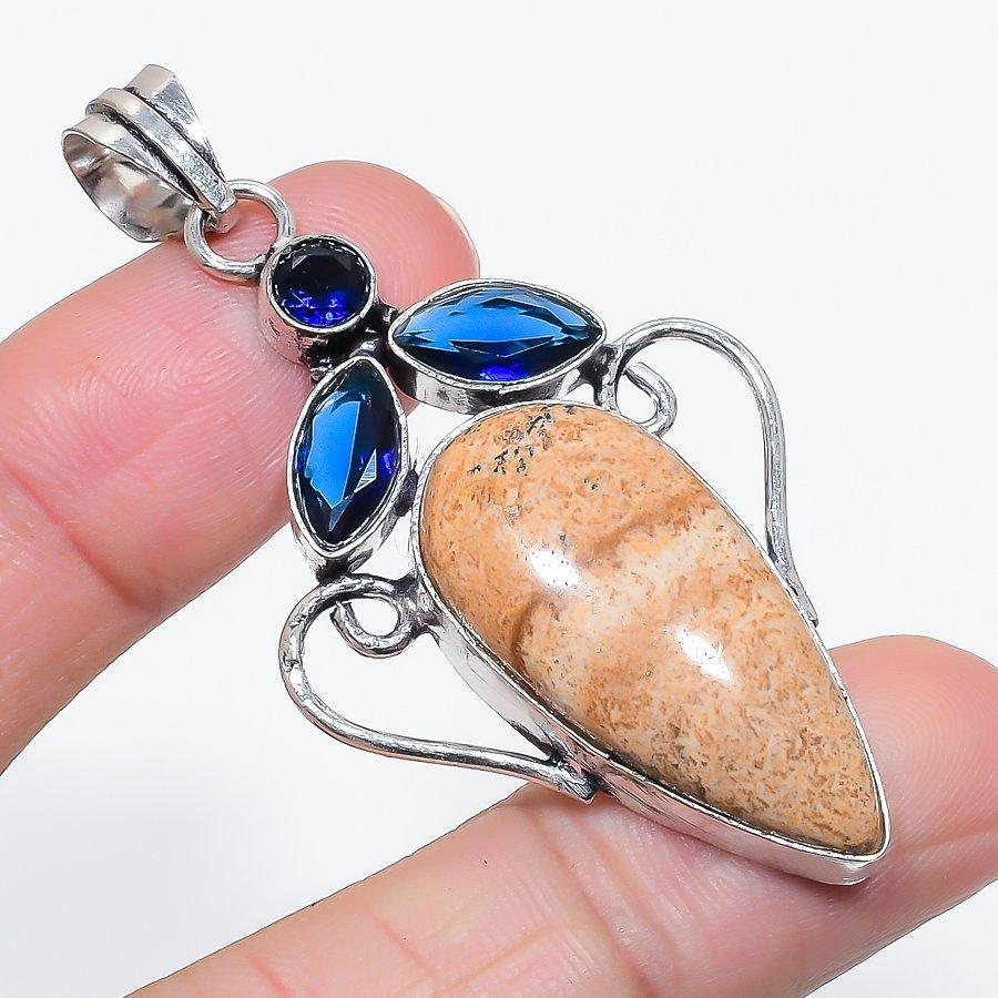 

Натуральный пейзажный яшма, топаз 925 стерлинговое серебро ювелирный кулон 2.44 h9s62