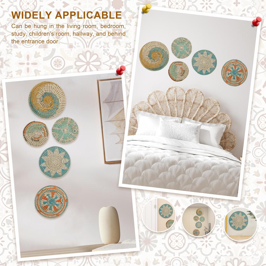 5 ks Boho nástěnný košík Dekorace Závěsný tkaný nástěnný košík Dekorativní ručně vyrobená nástěnná dekorace Mosazný košík Kulaté mořské trávy nástěnné umění