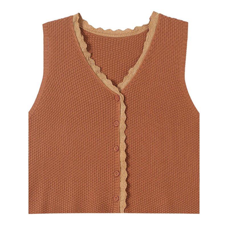 Dzianinowa kamizelka swetrowa z dekoltem w serek i koronkowym wykończeniem - Damska modna kamizelka bez rękawów na wiosnę/jesień dla mam w średnim wieku