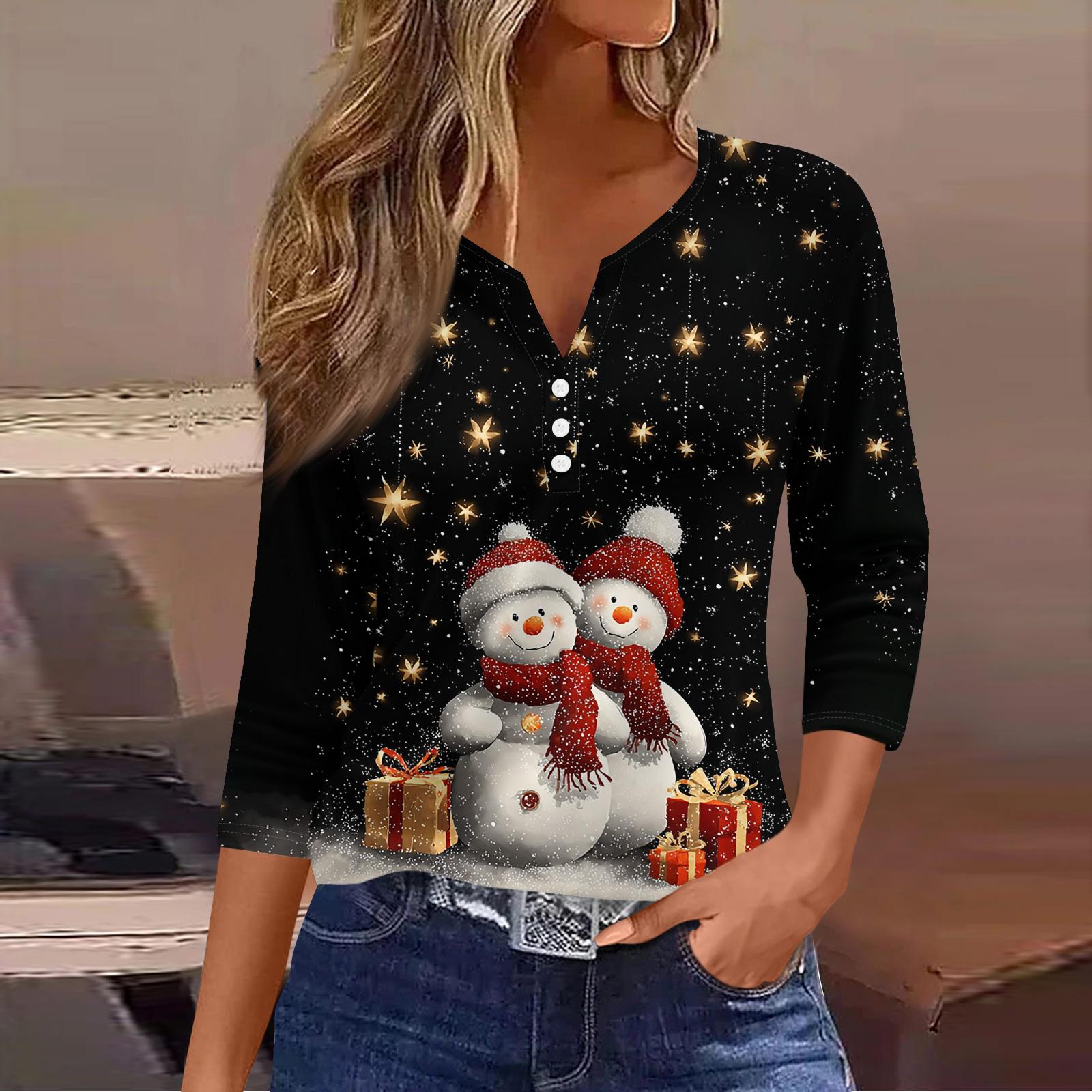 

Женская модная повседневная футболка с принтом рождественской елки, V-образным вырезом, декоративными пуговицами и рукавом три четверти L