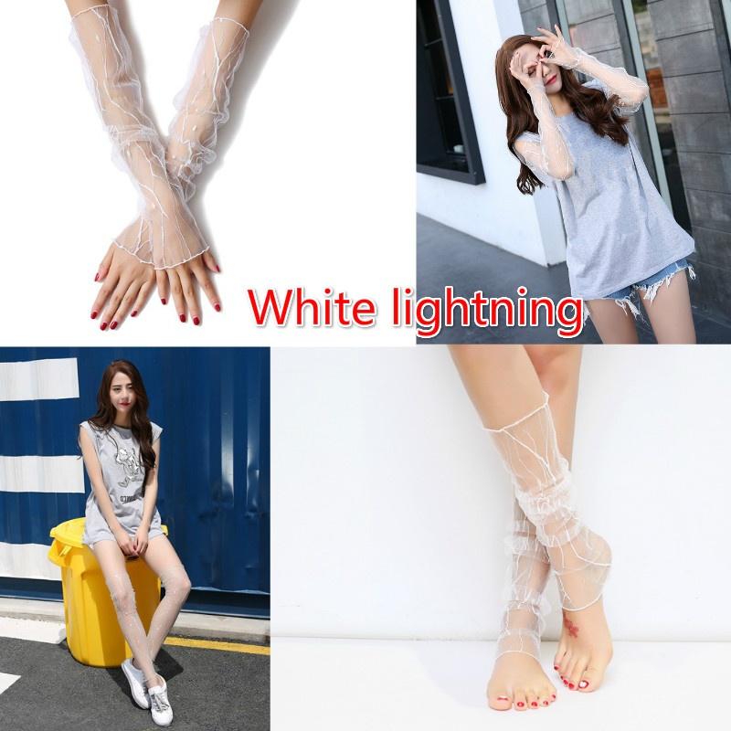 Women's Sun Protection Cuff Summer Driving Ice Sleeve Thin Mesh Socks Feet Dual Use Lace Gauze Gloves