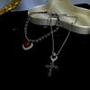 Punk Grunge Red Heart Crystal Cross Pendant Double Layer Silver Color Chain Necklace for Women Gothic Y2k Aesthetic Jewelry Gift