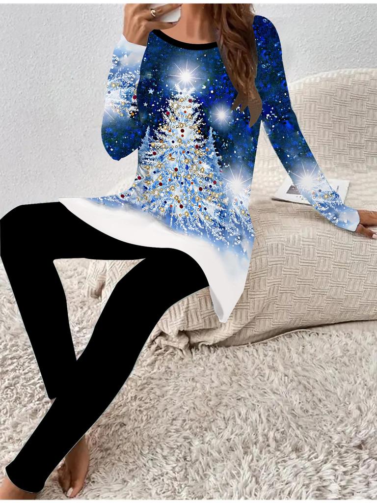 Euroamerická móda 3D Vánoční potisk Dámské Čtyřsezónní Tričko s dlouhým rukávem + Dlouhé kalhoty Dvoudílný set. Perfektní dárek na Nový rok a Vánoce