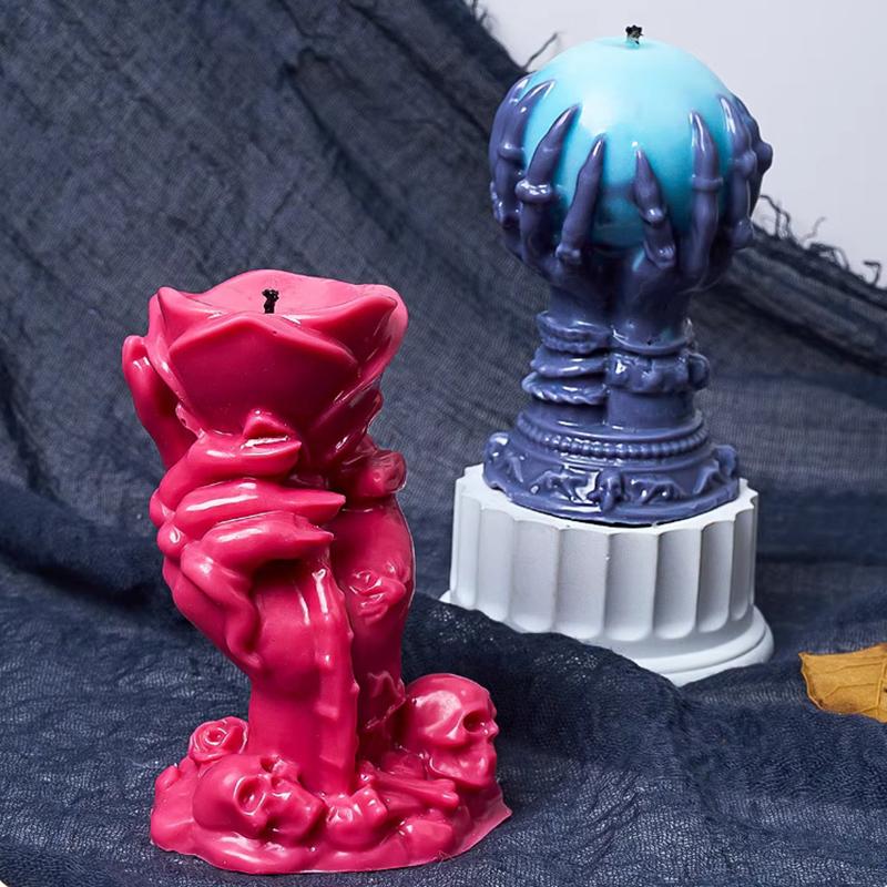 Růže na ruce silikonové formy na svíčky kutily Ghost Claw Démon Ruka držící míček Vonící Forma na výrobu Halloweenských dárků Řemeslná párty Dekor