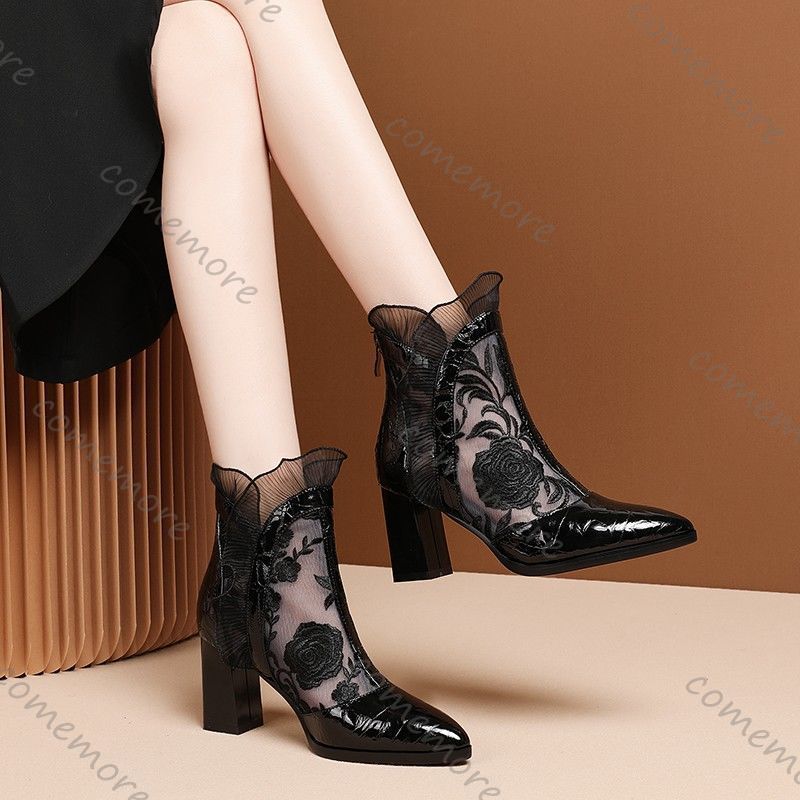 Comemore Spring Summer Lace Mesh High Heels Shoes Ethnic Style Women Ankle Boots Embroider Pointed Short Boot Thick Heeled Pumps