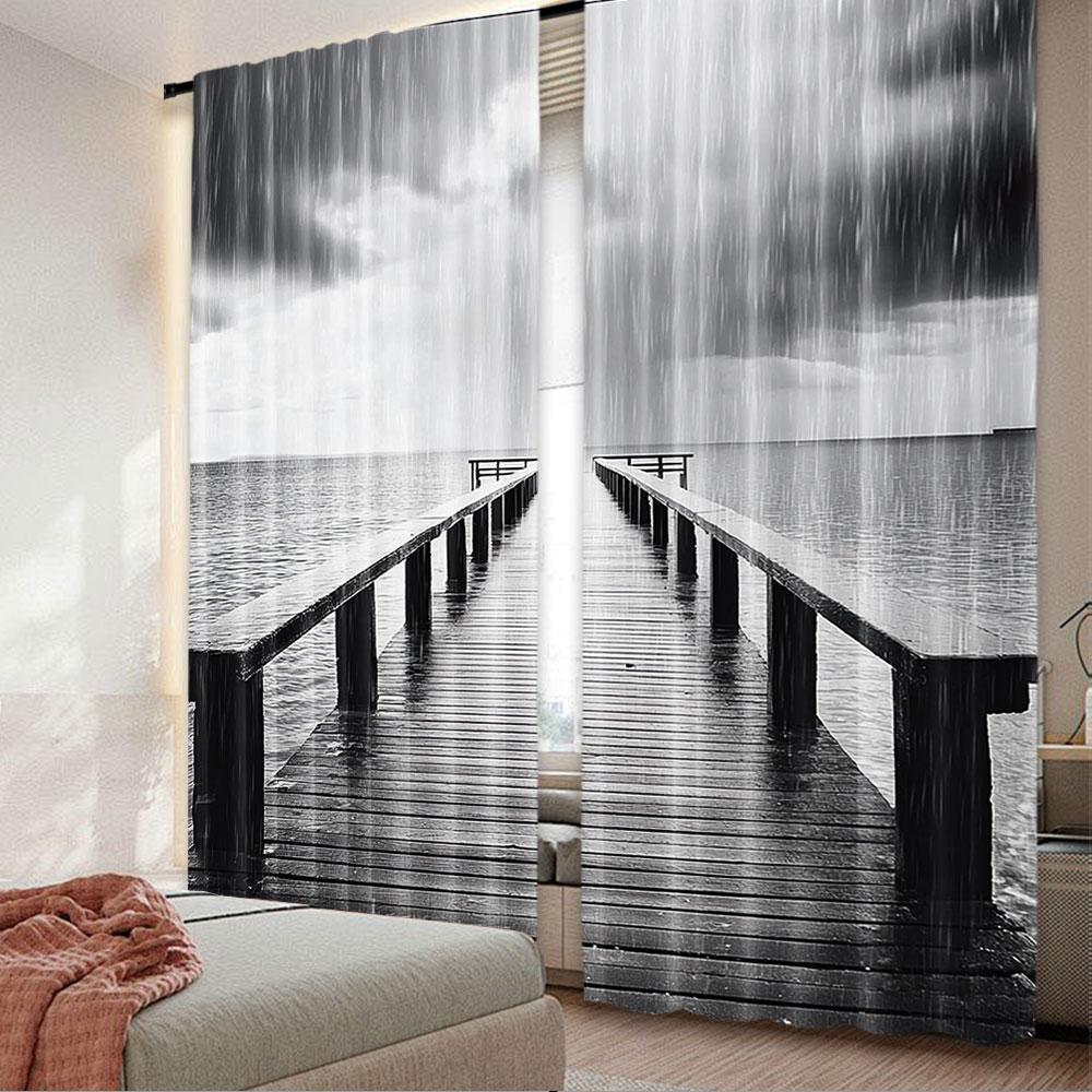 

2 шт. Черно-белые шторы Старый деревянный пирс на море Драматичное небо Тяжелые облака Дождливая погода Подходят для гостиной спальни 29x65in(75x166cm)