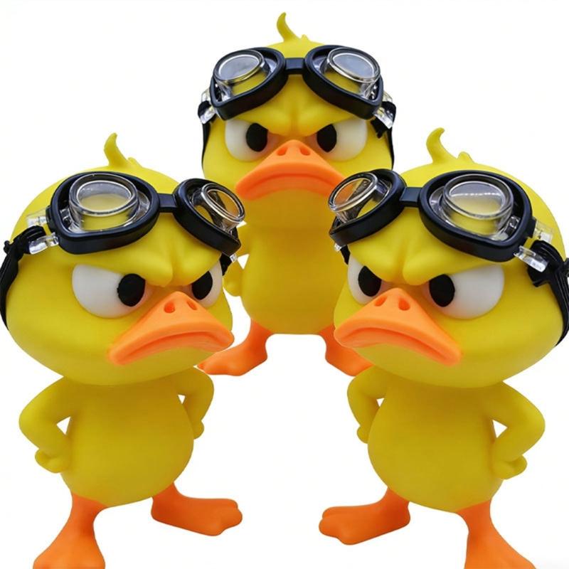 3D-Printed Angry Duck Decors, 2 Plastic Goggles-Wearing Figurines with Frowning Expression for Home or Office Desks, Shelves, and Display Cabinets
